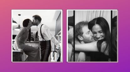 Prince Harry and Meghan kissing in the kitchen and Harry and Meghan in a photobooth. 