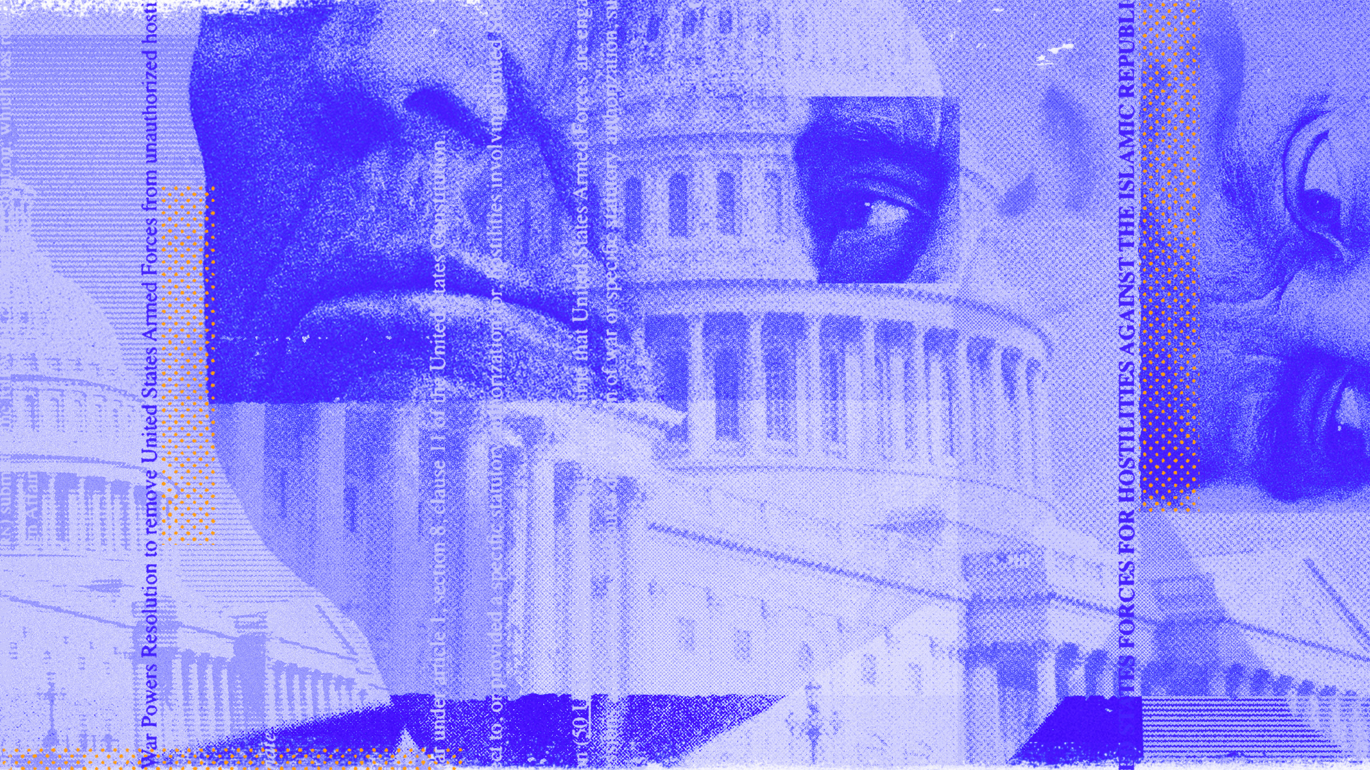 Photo composite illustration of Donald Trump, the Capitol dome, and text from House resolution 38 on the Iran War