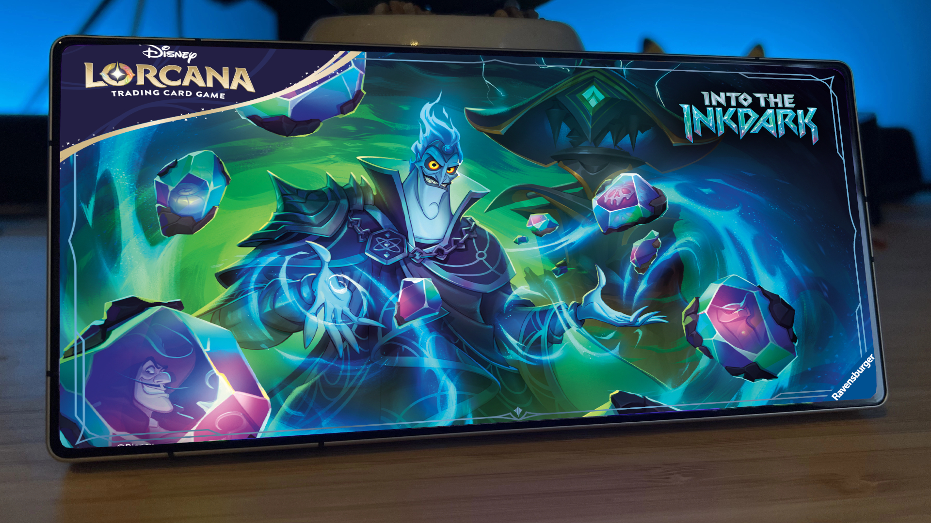 A phone displaying Disney Lorcana: Into the Inkdark artwork with Hades