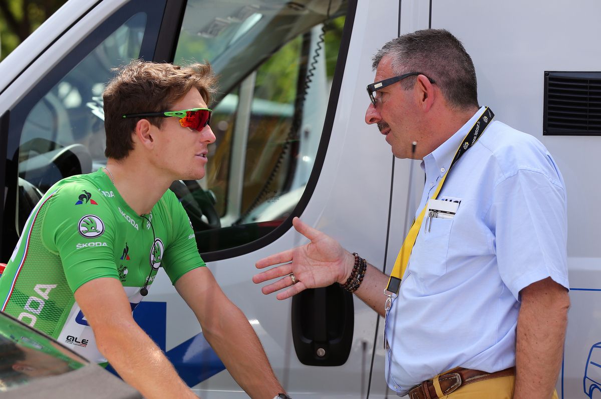 Green jersey holder Arnaud Demare with Philippe Marien pre-stage