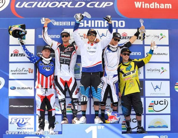 The final men's World Cup podium: Aaron Gwin, Greg Minnaar, Gee Atherton, Samuel Blenkinsop, Marc Beaumont.