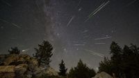 night sky scene with meteors streaking out from the center of the image, trees silhouetted below.
