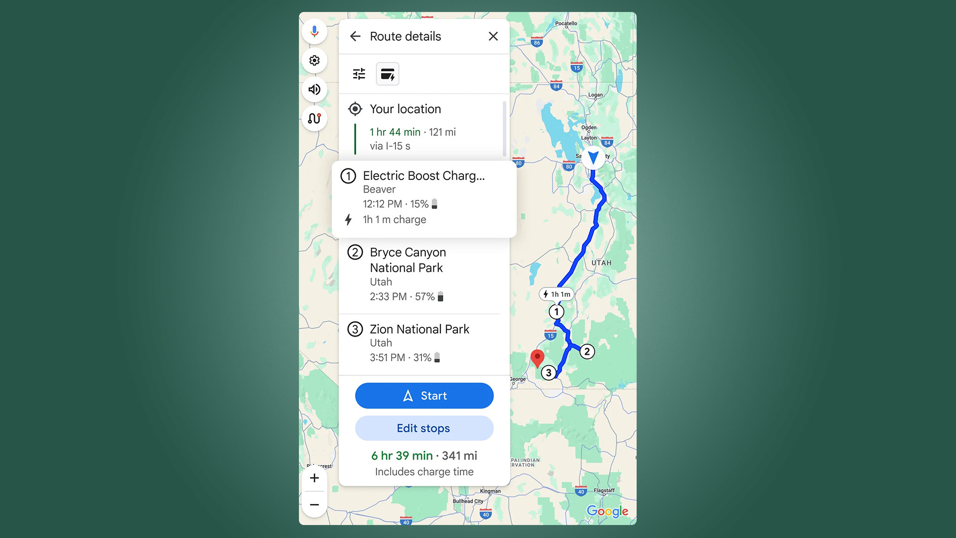 Charging stations appearing on Google Maps trip