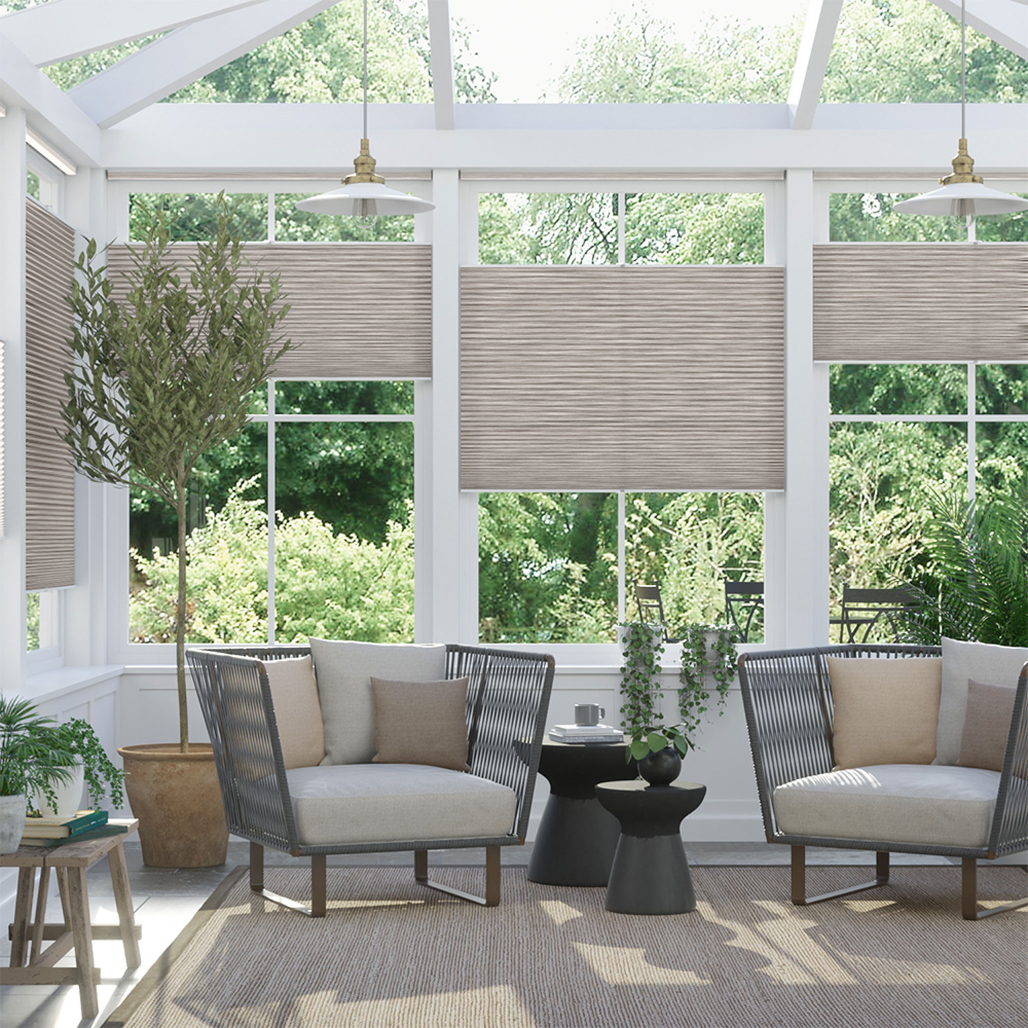 Conservatory with half window blinds, two armchairs and olive tree in pot