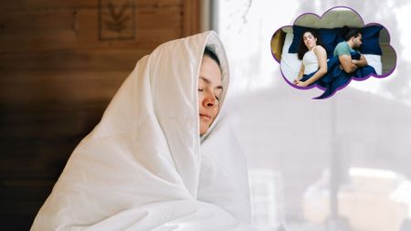 A woman wrapped up in a cozy blanket smiling, with a thought bubble showing an image of her and her partner fighting over the blankets
