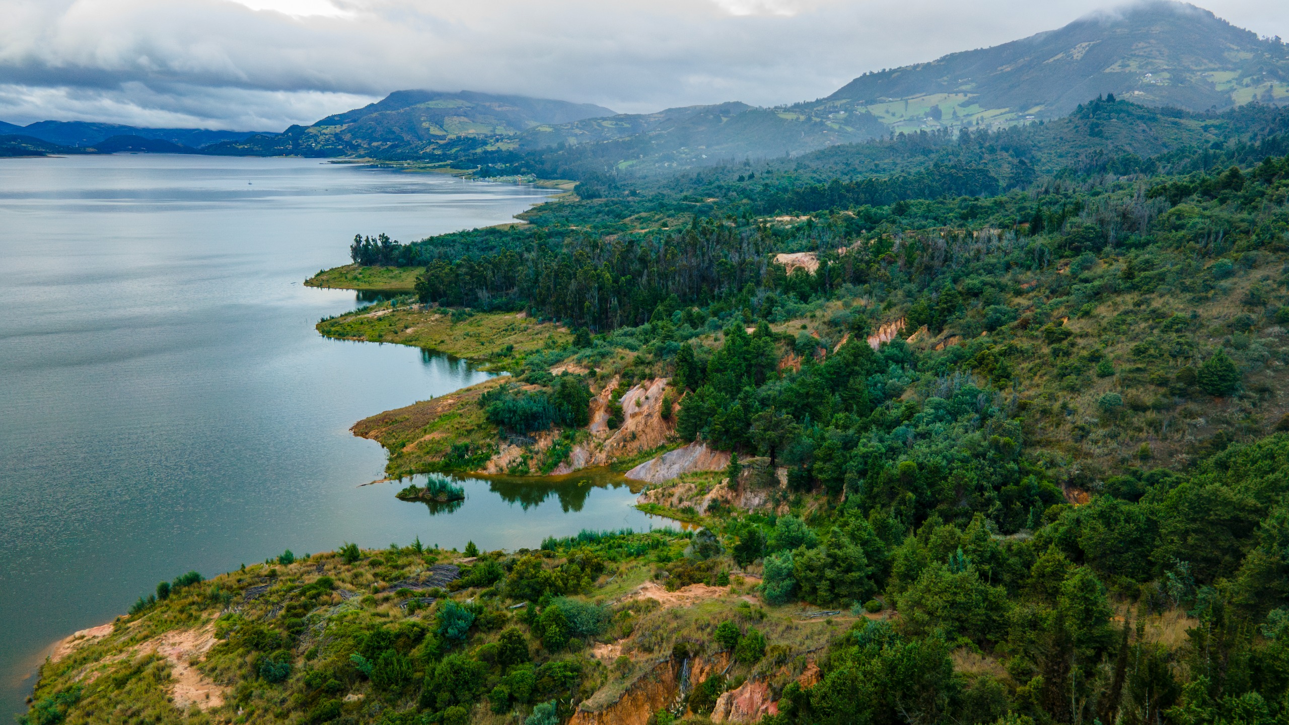 An aerial view of a verdant lakeside at dusk.