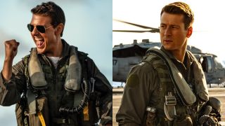 From left to right: Tom Cruise in Top Gun: Maverick and Glen Powell in Top Gun: Maverick.