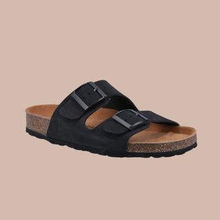 flat lay image of black sandals 