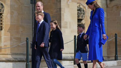 Prince George of Wales, Prince William, Prince of Wales, Princess Charlotte of Wales, Prince Louis of Wales and Catharine, Princess of Wales attend the Easter Mattins Service at Windsor Castle on April 9, 2023 in Windsor, England