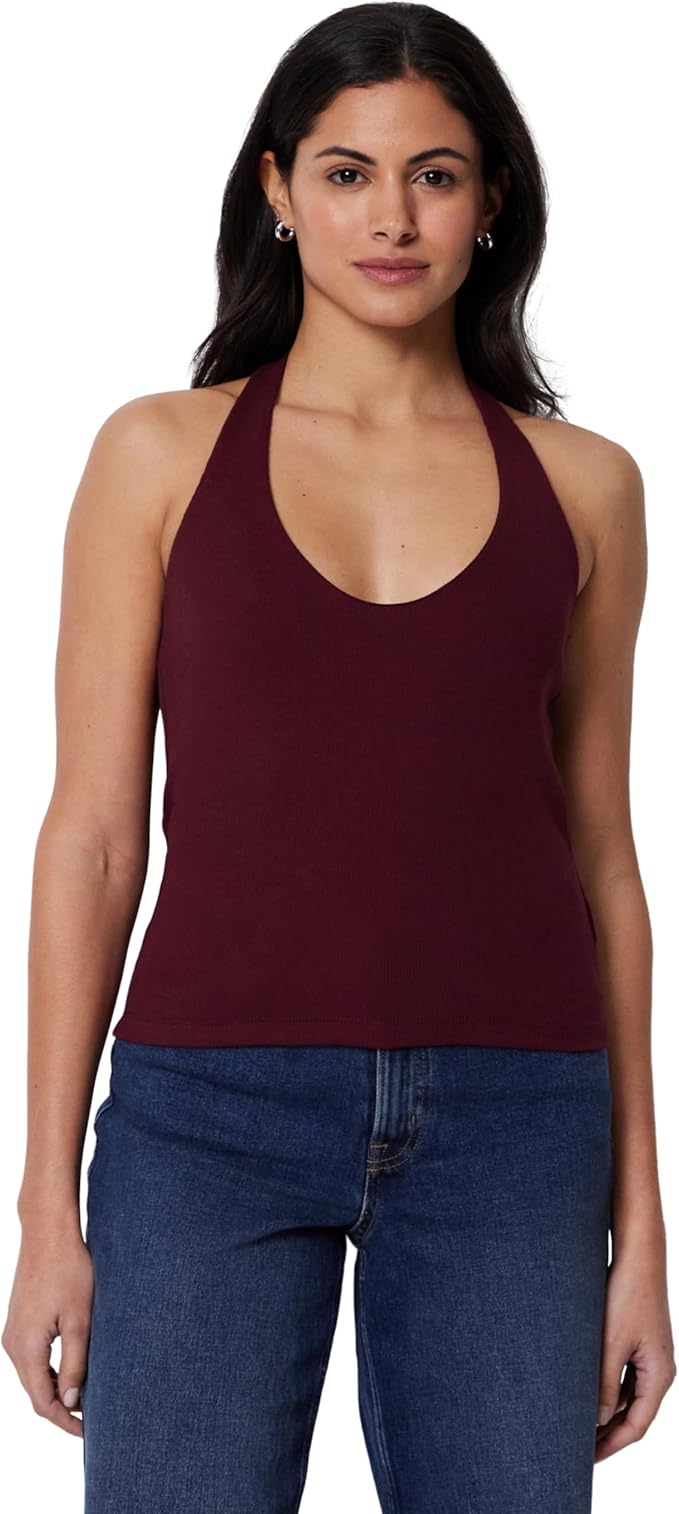 Amazon Essentials, Amazon Essentials Women's Slim-Fit Ribbed Halter Top, Dark Burgundy, Small