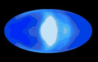 This illustration shows simulated cloud coverage (white) on a tidally locked planet (blue) that would be orbiting a red dwarf star.