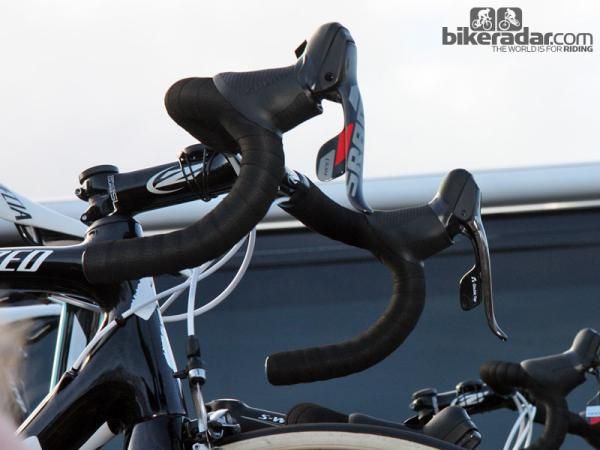 Tom Boonen's (Omega Pharma-Quick Step) new SRAM Red DoubleTap levers are each wrapped with a bit of electrical tape. We're still working to find out exactly why.