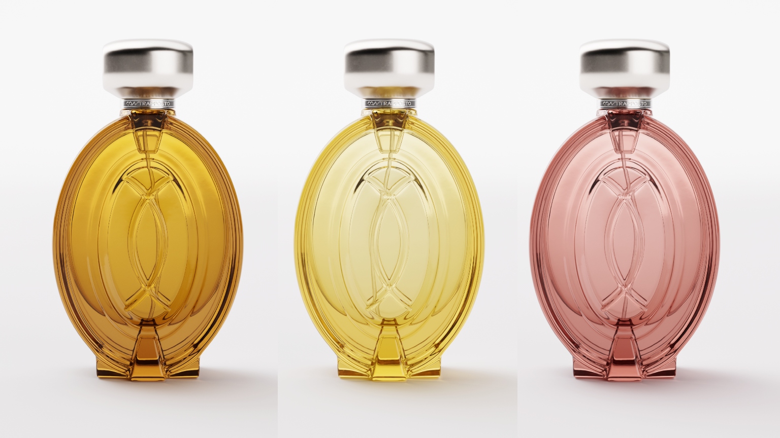 three glass bottles of perfume on a white background