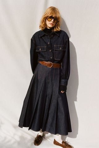 Pleated Denim Skirt