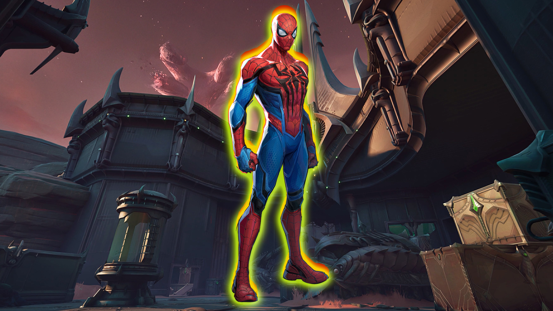 Spider-Man outlined in gold and red, against Klyntar