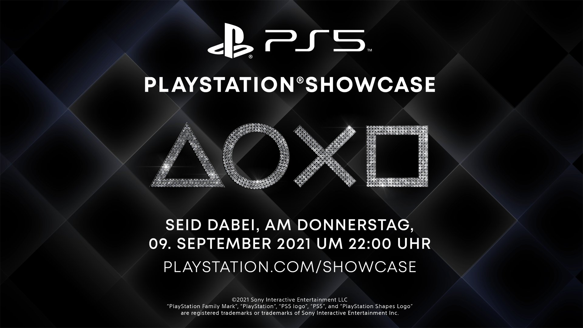 PlayStation Logos mit Information zum nächsten Showcase auf dunklem Hintergrund