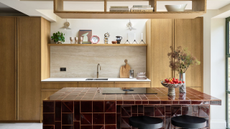 a modern kitchen with a red tiled island, wood cabinetry, and kitchen accessories on the countertops