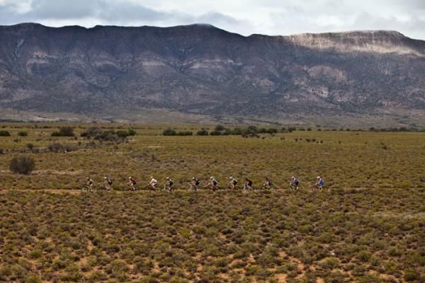 Riders negotiate stoney jeep track through the Great Karoo