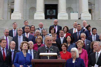 Chuck Schumer speaks in front of Democratic senators.