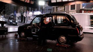 Brompton Technology powering a virtual production set with a car in a city street.