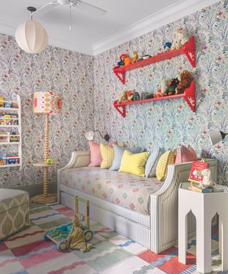 child's room with patterned wallpaper