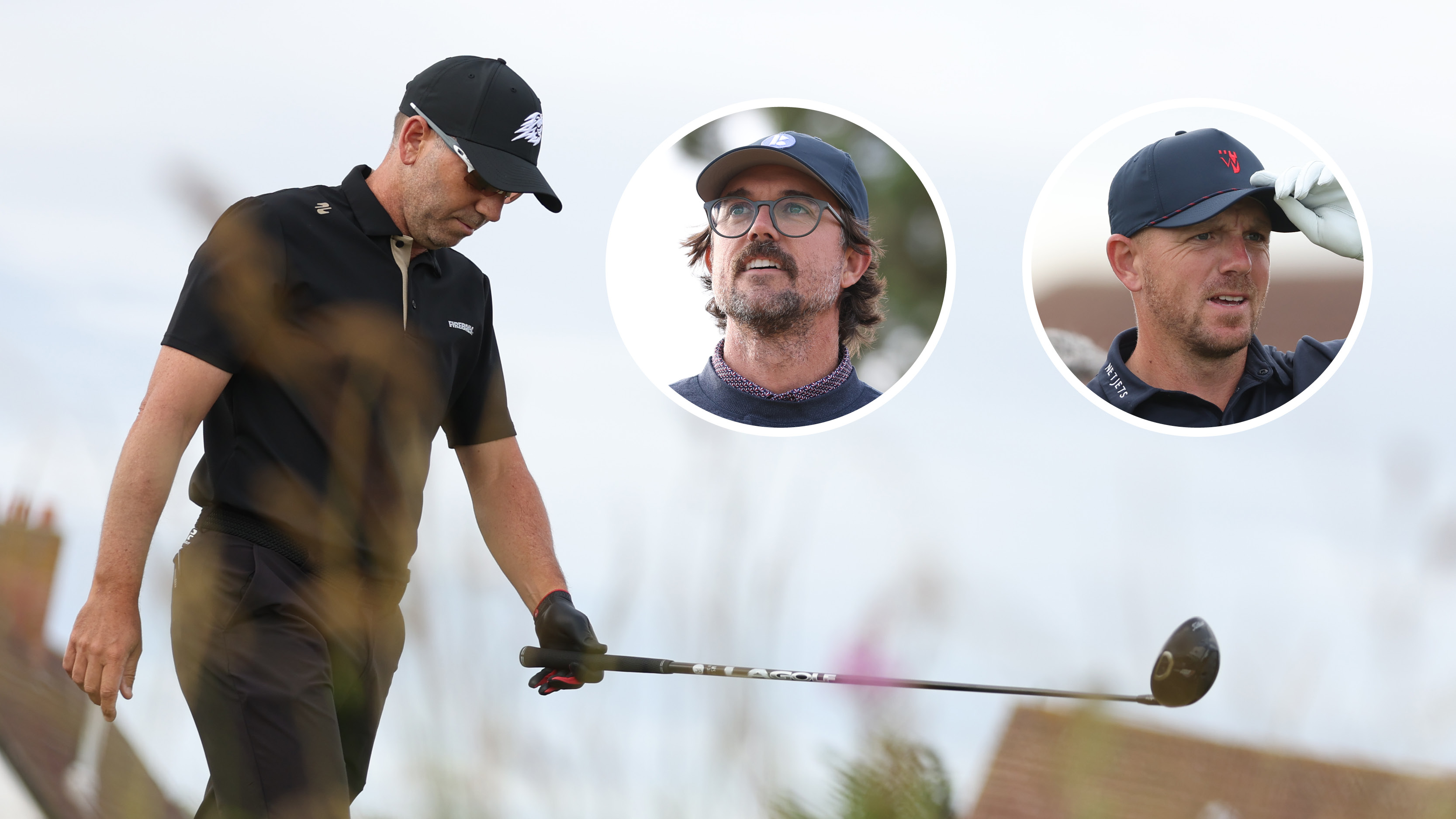 Main image of Sergio Garcia with a driver in his left hand and inset images of George Bryan (top middle) and Matt Wallace (top right)