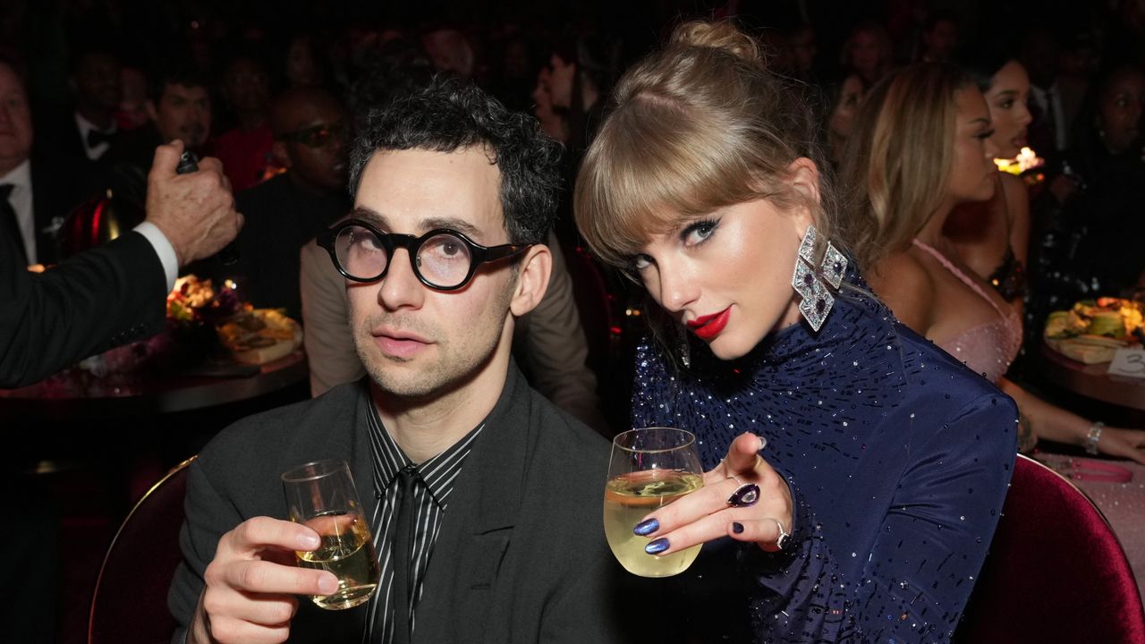 Jack Antonoff and Taylor Swift attend the 65th GRAMMY Awards at Crypto.com Arena on February 05, 2023 in Los Angeles, California.