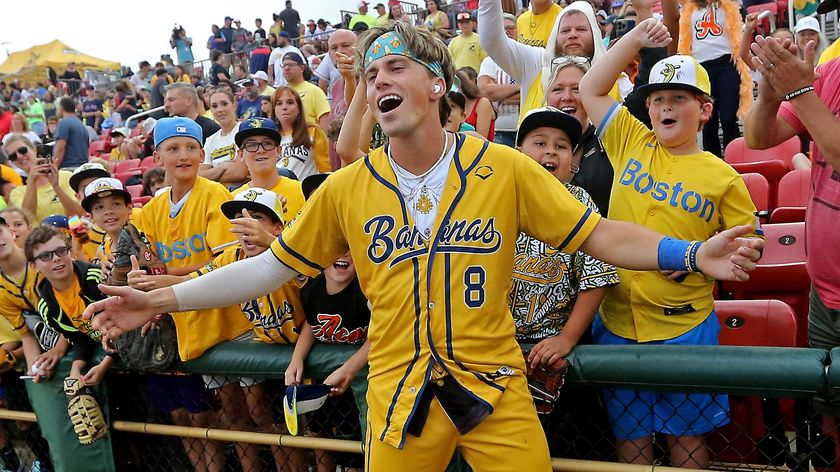 Banana Jackson Olson plays the fans as the Savannah Bananas take on the Party Animals at Campanelli Stadium on August 16, 2023 in , Brockton, MA.