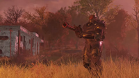 Character in power armour holding a gun