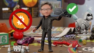 A computer-generated 'toy' model of Nvidia CEO Jensen Huang, standing on a desk surrounded by other toys. He is holding a graphics card aloft in his hand.