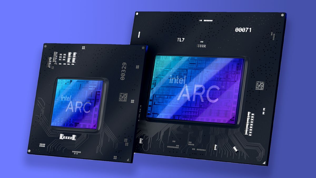 Intel Alchemist GPU renders on a blue gradient background