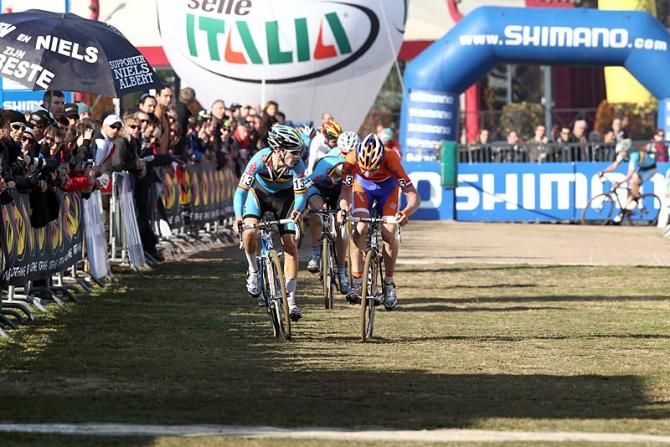 Gianni Vermeersch (Belgium), left, and Mike Teunissen (Netherlands) sprint for second place.