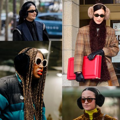 a collage of women wearing furry black, white, and brown earmuffs at New York and Paris Fashion Week