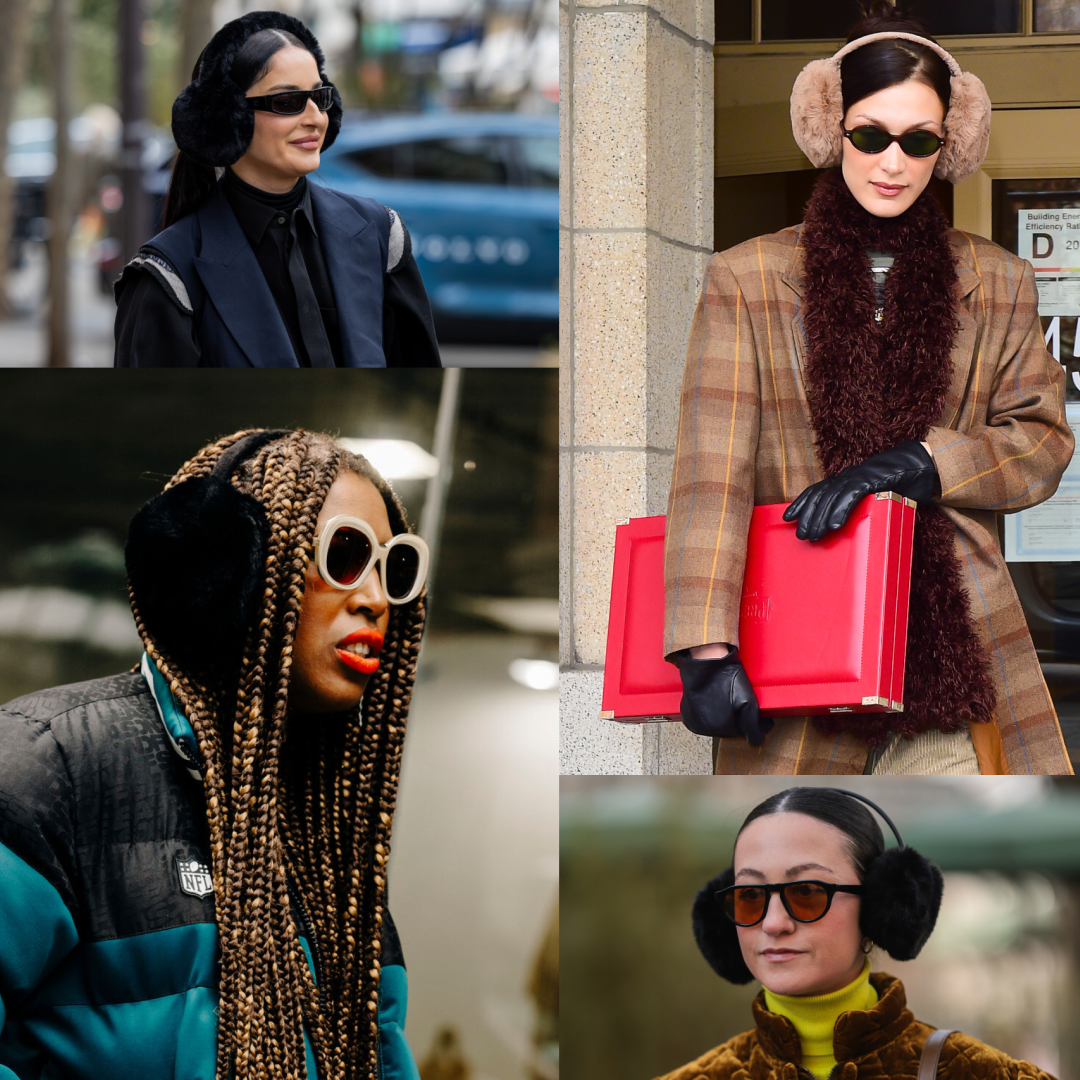 a collage of women wearing furry black, white, and brown earmuffs at New York and Paris Fashion Week