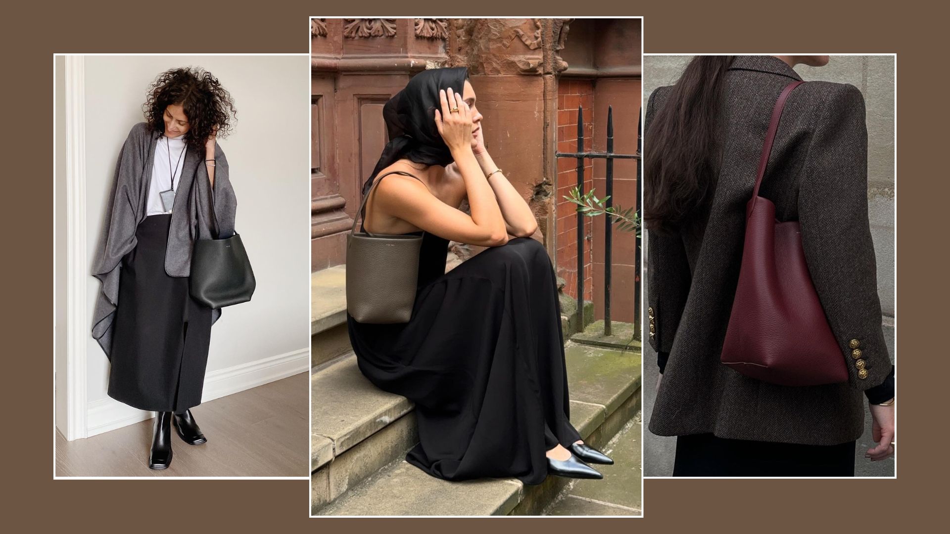 Woman wears white T-shirt, black skirt, grey shawl and carries black bag; woman wears black dress, black heels, carries taupe bag; woman wears grey blazer carries burgundy bag