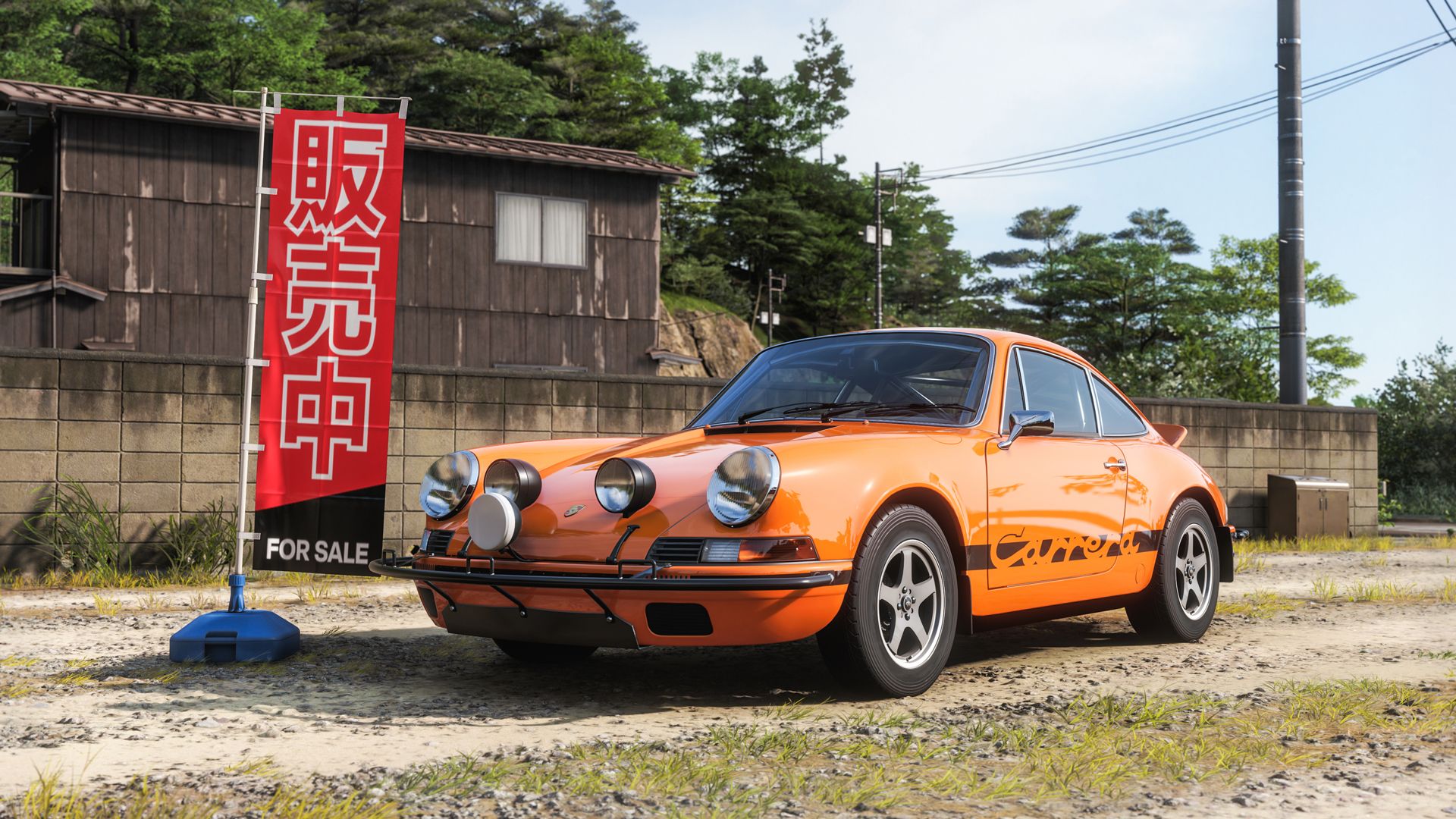 Forza Horizon 6 gameplay shows an orange Porsche parked up outside a property that's for sale in Japan