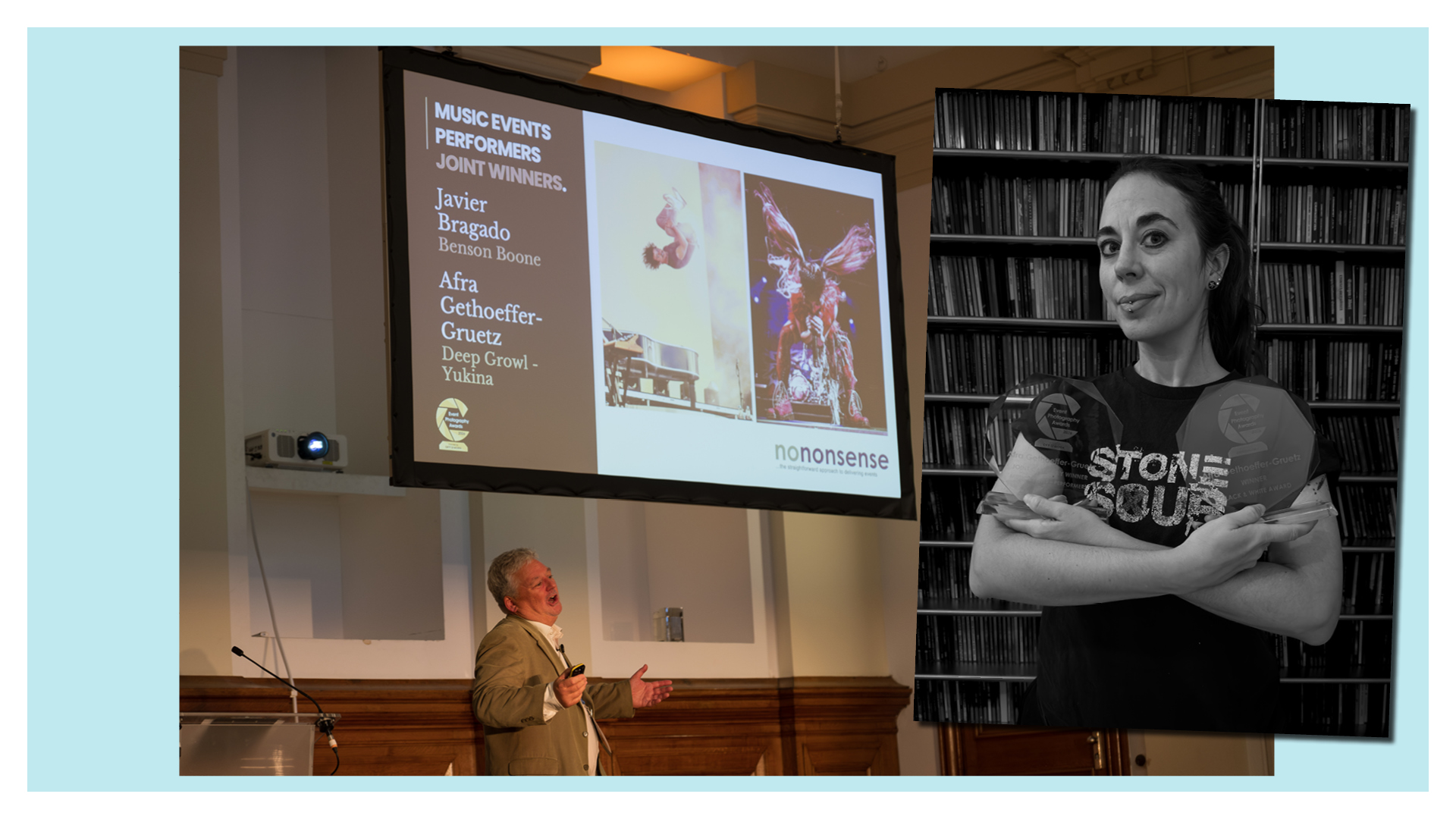 Montage of two photos: revealing the Music Events - Performers result at the Event Photography Awards 2026, on the left; and winner Afra Gethoeffer Gruetz with her trophy, on the right
