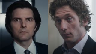 From left to right: Adam Scott in Severance looking wide eyed forward and Jeremey Allen White in The Bear looking wide eyed to his left.
