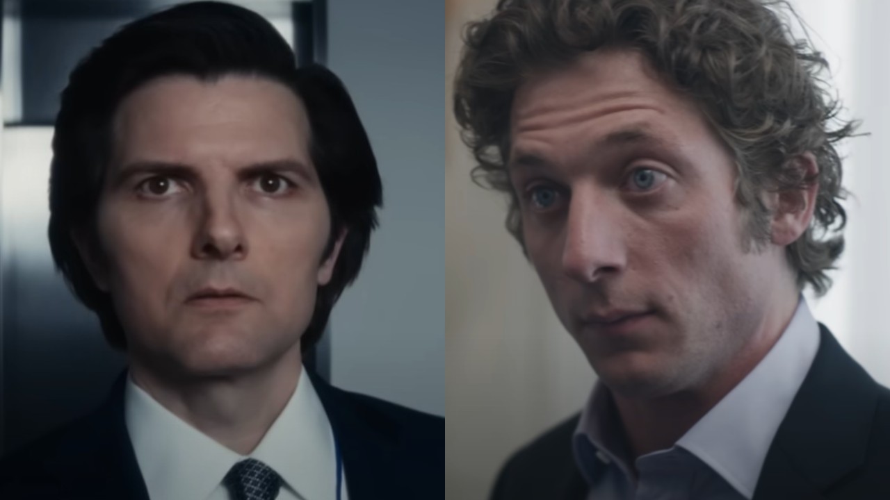 From left to right: Adam Scott in Severance looking wide eyed forward and Jeremey Allen White in The Bear looking wide eyed to his left. 
