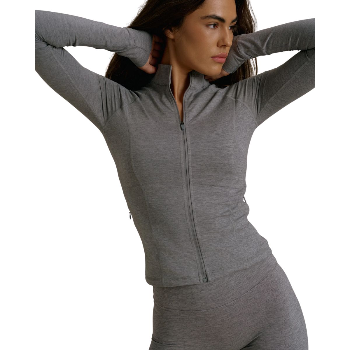 Brushed Long Sleeve Zip Up Top - Dark Grey Melange