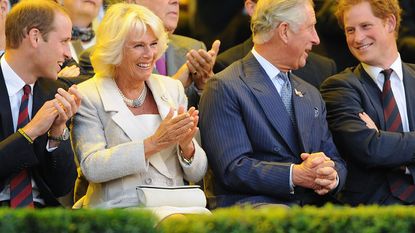 Princess Anne, Camilla, Duchess of Cornwall, Prince William and Prince Harry stand on the steps of St. George's Chapel, Windsor, following the Service of Thanksgiving for the Queen's 80th birthday