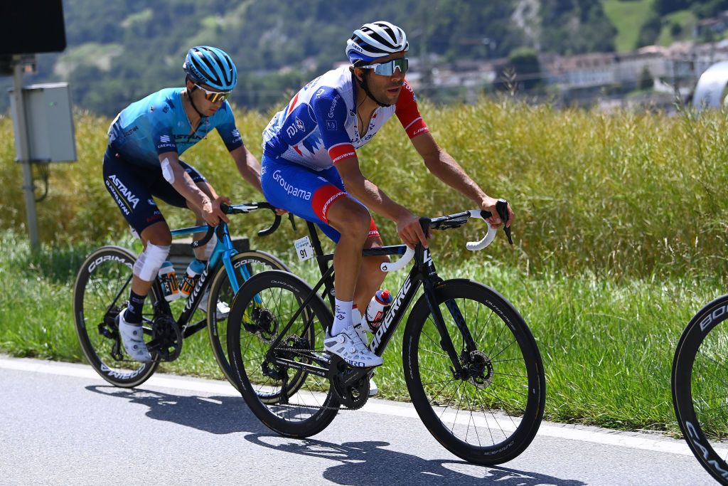 MALBUM SWITZERLAND JUNE 18 Thibaut Pinot of France and Team Groupama FDJ competes during the 85th Tour de Suisse 2022 Stage 7 a 1946km stage from Ambri to Malbun 1560m tourdesuisse2022 WorldTour on June 18 2022 in Malbun Switzerland Photo by Tim de WaeleGetty Images
