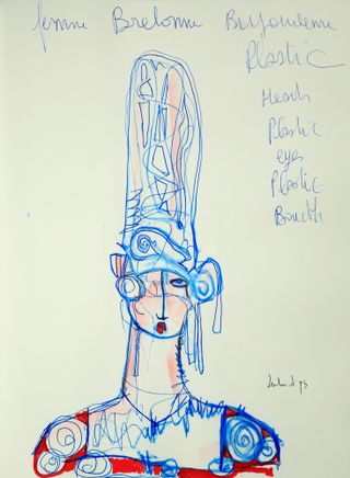 Blue and red ink abstract mannequin head, neck and shoulder sketch, white background