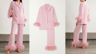 SLEEPER + NET SUSTAIN feather-trimmed crepe de chine pyjama set women's Christmas pyjamas 2023