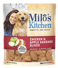 Milo's Kitchen Chicken &amp; Apple Sausage Slices&nbsp; 
$9.99 at Chewy