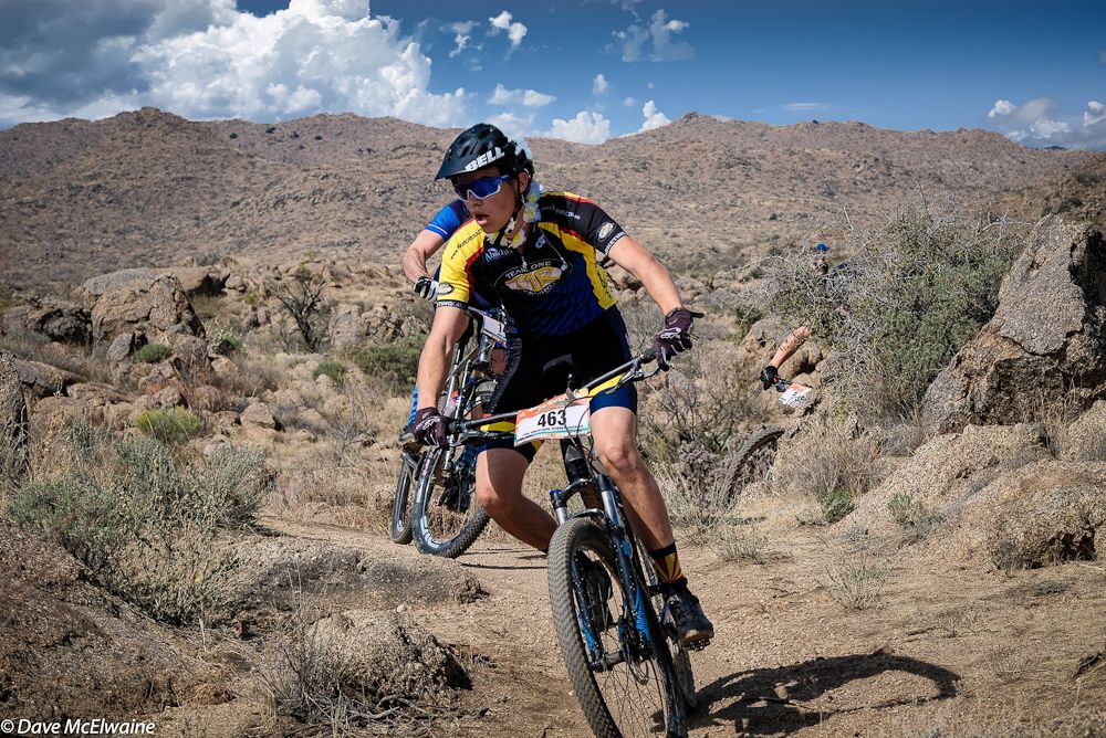 Caleb Robinson (Fire Breathing Rubber Duckies) riding singletrack that was typical on the course