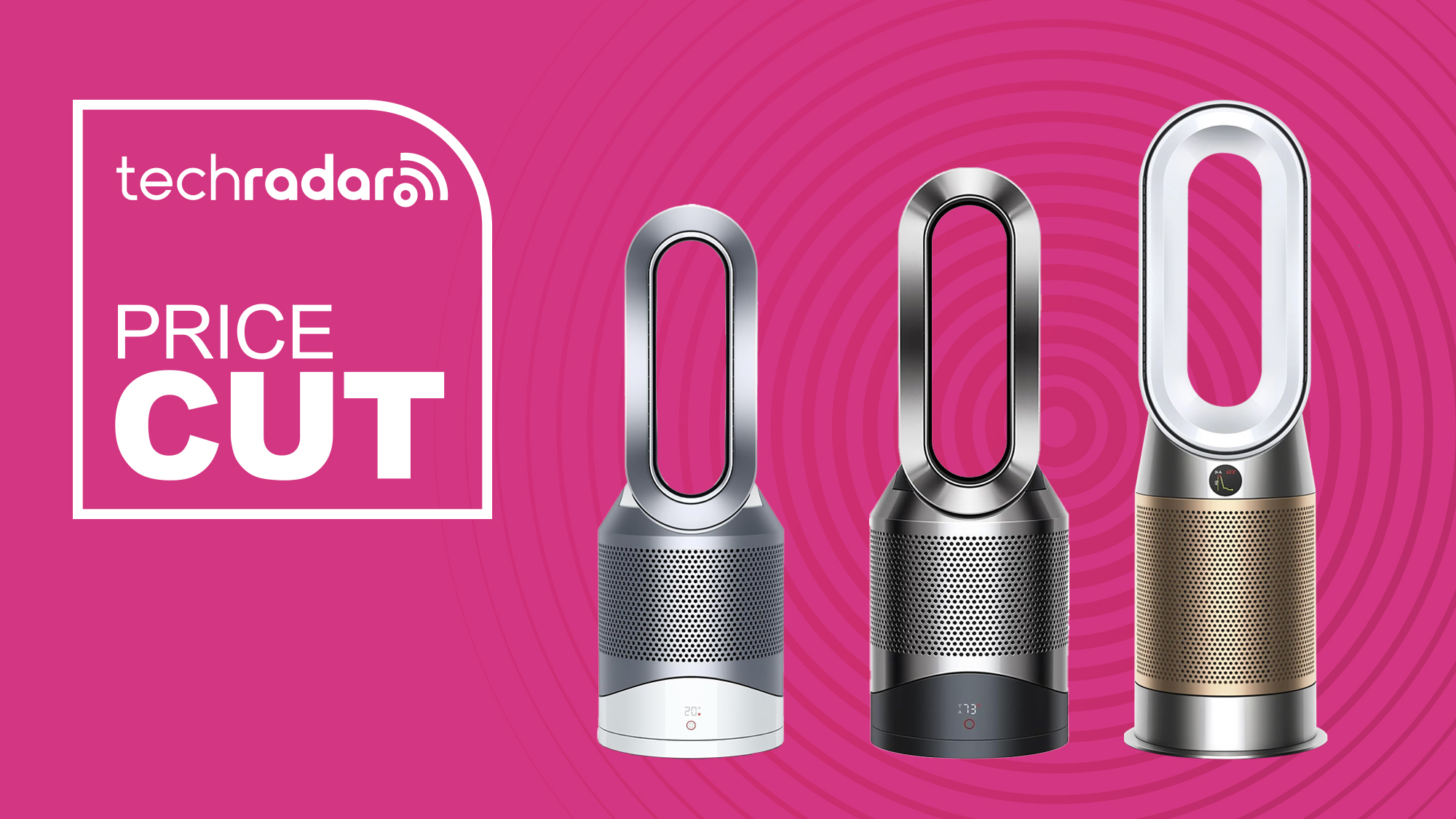 Dyson air purifiers on a pink background.