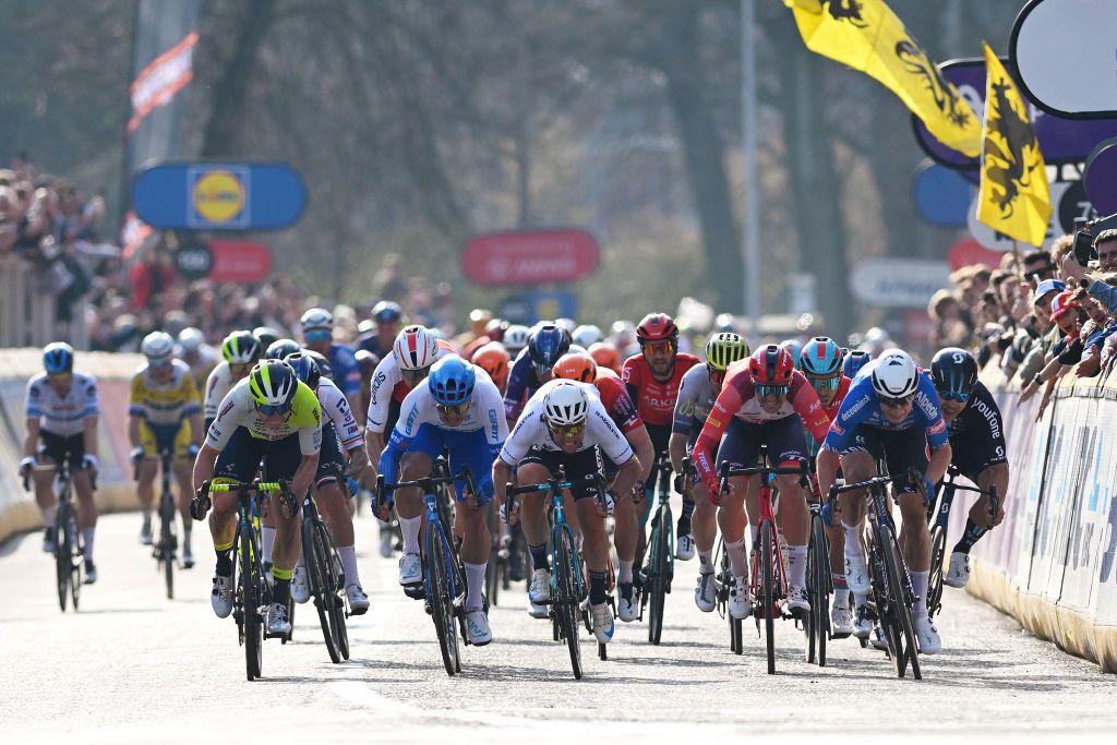 SCHOTEN BELGIUM APRIL 05 LR Gerben Thijssen of Belgium and Team Intermarch Circus Wanty Dylan Groenewegen of The Netherlands and Team Jayco AlUla Mark Cavendish of The United Kingdom and Astana Qazaqstan Team Edward Theuns of Belgium and Team Trek Segafredo and Jasper Philipsen of Belgium and Team AlpecinDeceuninck sprint at finish line during the 111th Scheldeprijs 2023 Mens Elite a 2053km one day race from Terneuzen to Schoten on April 05 2023 in Schoten Belgium Photo by Luc ClaessenGetty Images