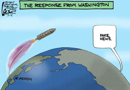 Political cartoon U.S. Kim Jong Un missiles fake news