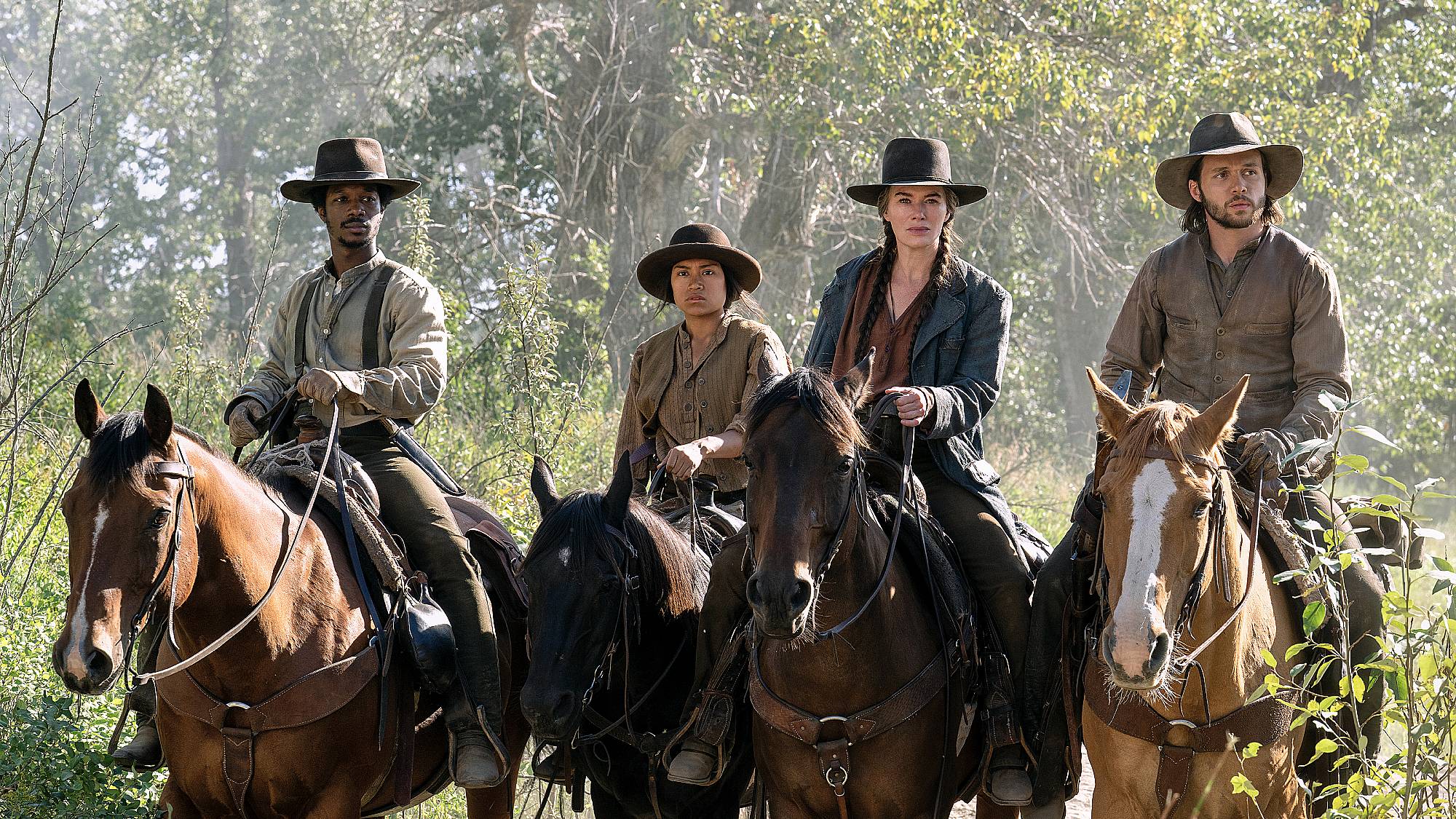 Lamar Johnson as Albert Mason, Natalia del Riego as Lilla Belle, Lena Headey as Fiona Nolan, and Nick Robinson as Elias Teller in &quot;The Abandons&quot; on Netflix